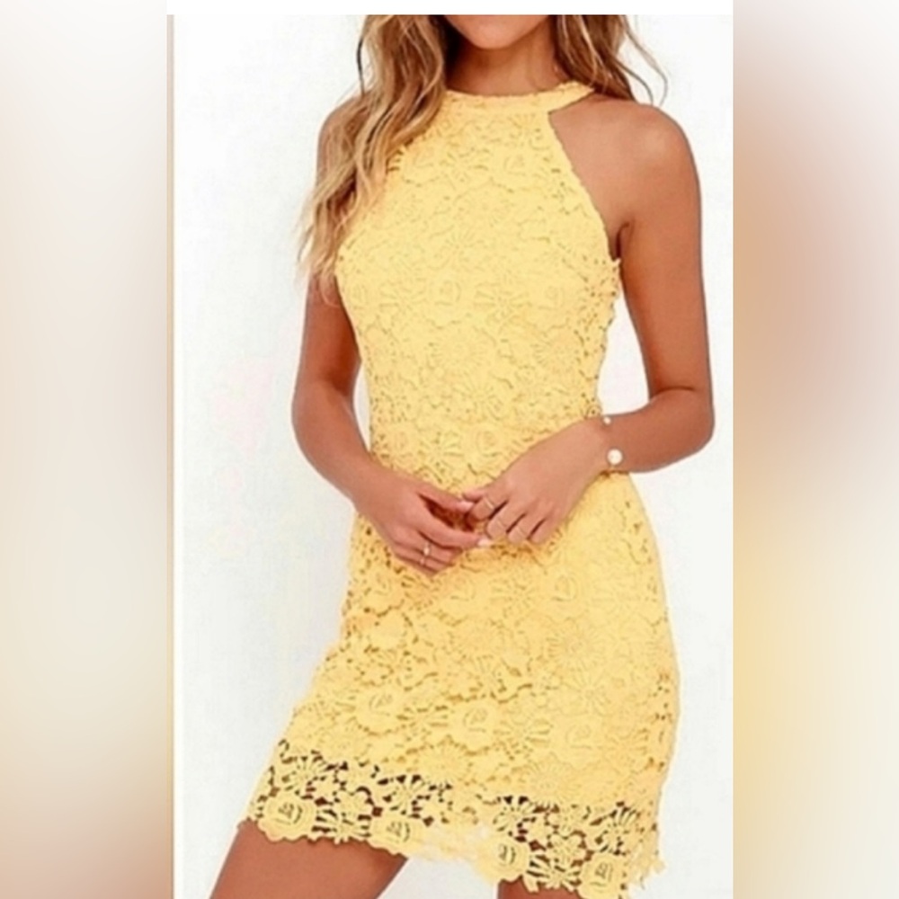 Lulu's Yellow Crochet Lace Overlay Halter Mini Dress SIZE:S
